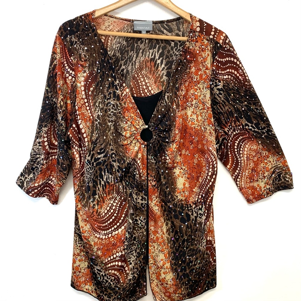 Essentials Top Woman 1X Faux Twin Sparkle Stretch Knit Brown Print Casual Office